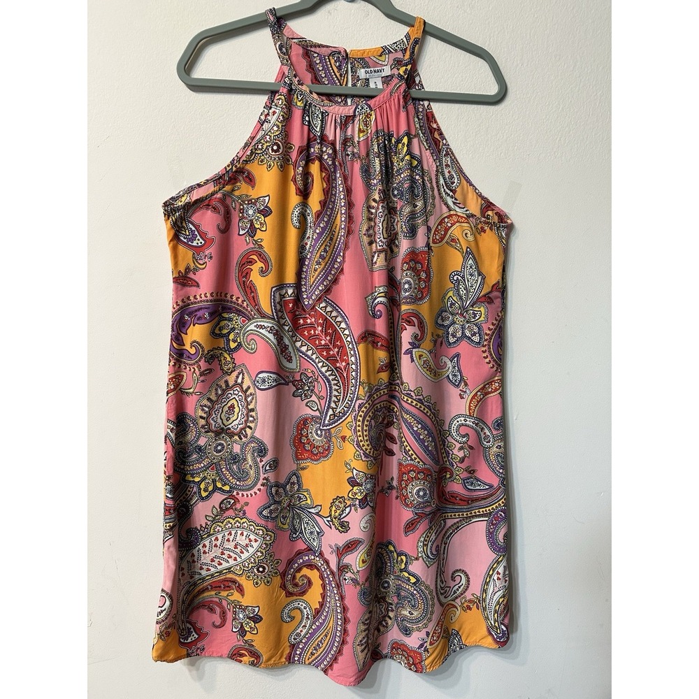 Old Navy Womens XL Halter Dress Pink Paisley Print High Neck Keyhole Flowy